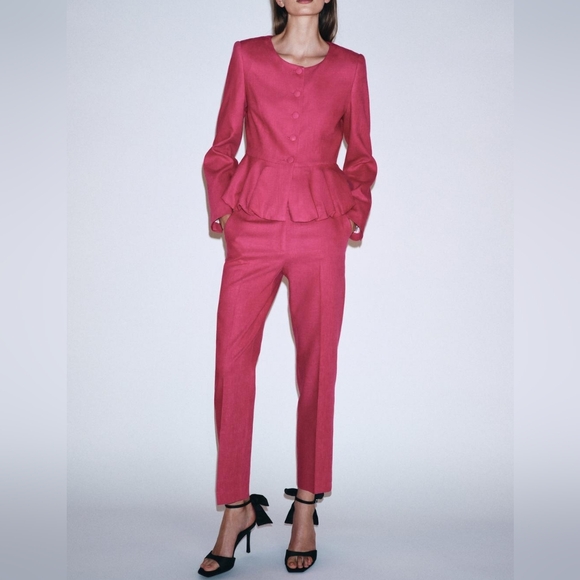 Zara Set Linen Peplum Blazer + High-waisted Slim Linen Pants Fuschia